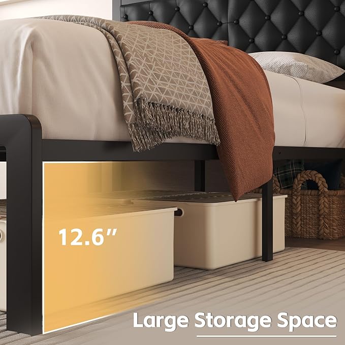 Fluest Full Bed Frame with Headboard PU Leather Upholstered Bed Frame Platform