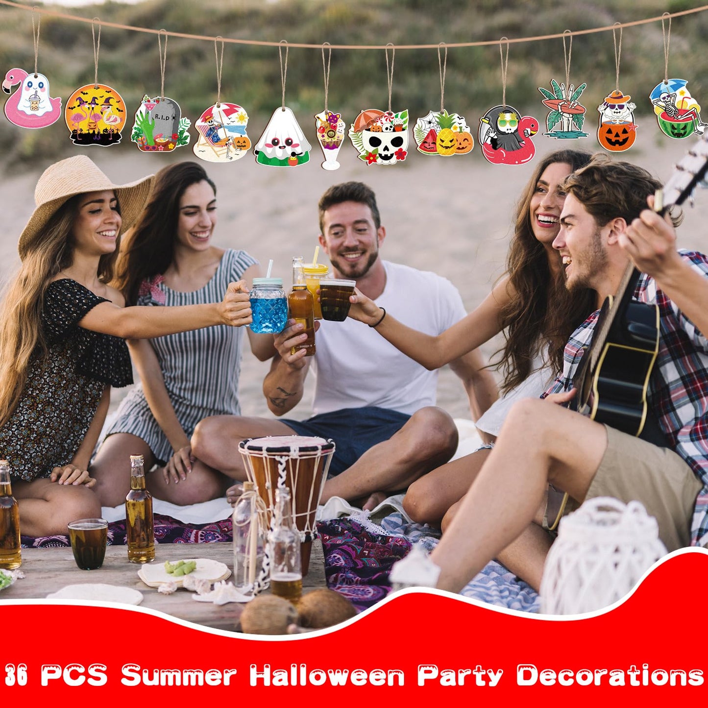36 Pcs Summer Halloween Ornaments Hawaii Themed Hallows' Eve Ghost Wooden Hanging Ornament for Hawaiian Halloween Party Decor