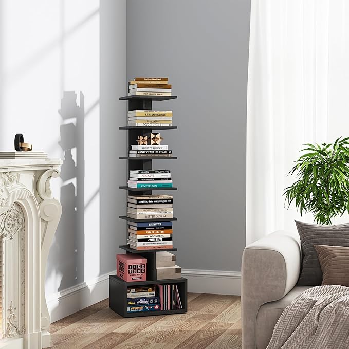 TUTOTAK Narrow Bookshelf, Vertical 8-Tier Bookcase, Spine Book Shelf