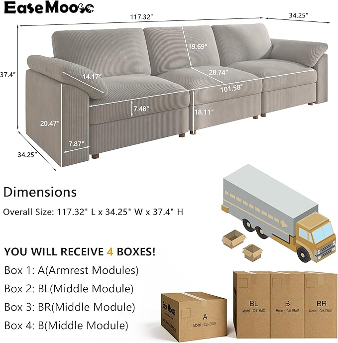 EASE MOOSE Sectional Modular Sofa, Comfty 3 Seat Cloud Couch, FSC Certified