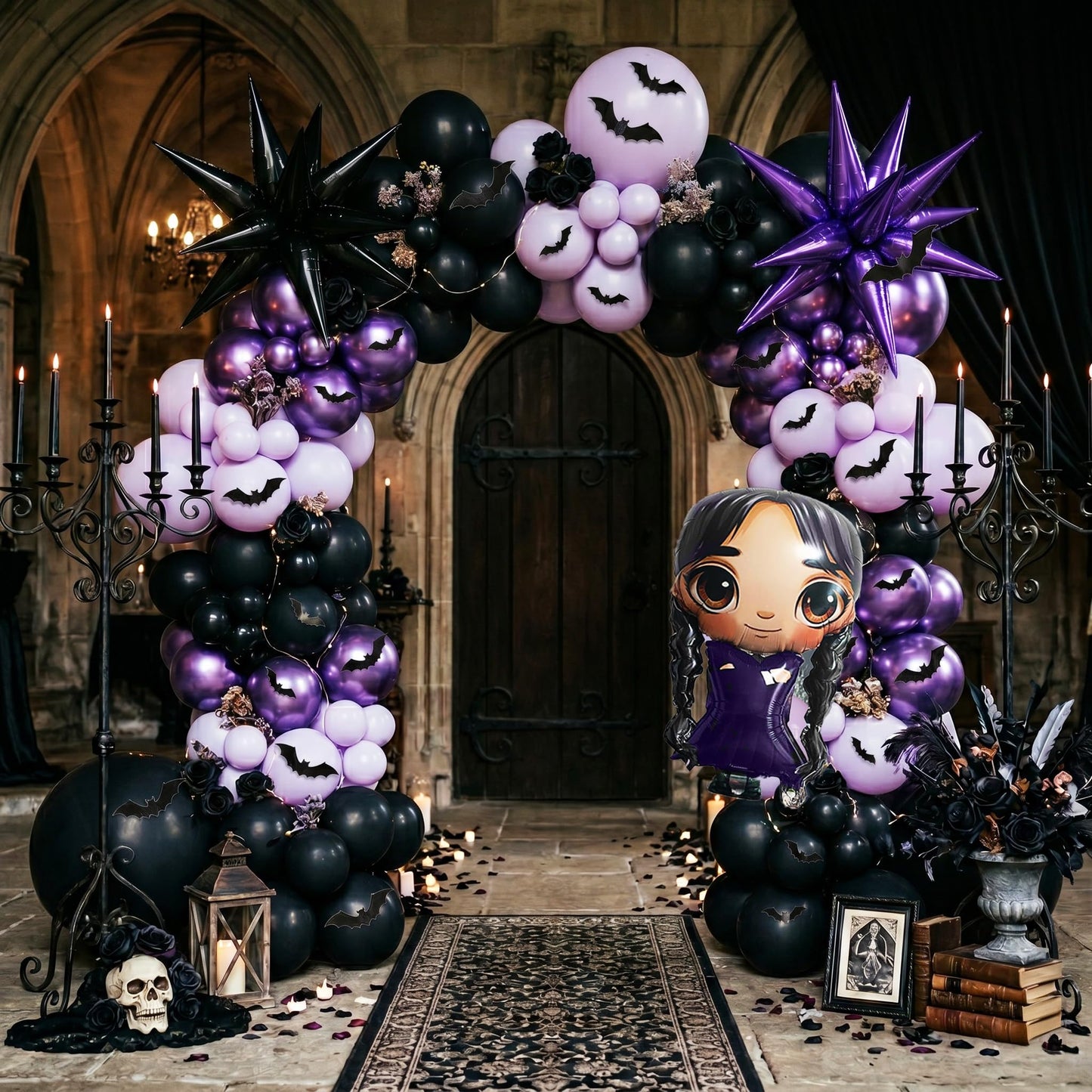 143pc Purple And Black Balloon Arch Kit Gothic Balloon Garland Paper Bats Starburst Foil Balloons For Vampirina Goth Birthday Decorations，Spooky Celebrations, Halloween, And Character-Themed Parties