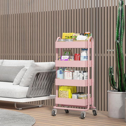 4 Tier Metal Rolling Cart Pink Utility Cart with Wheels,Rolling Pink Cart for Office,Home,Kitchen,Garden（13.4"x18.1"x40"）