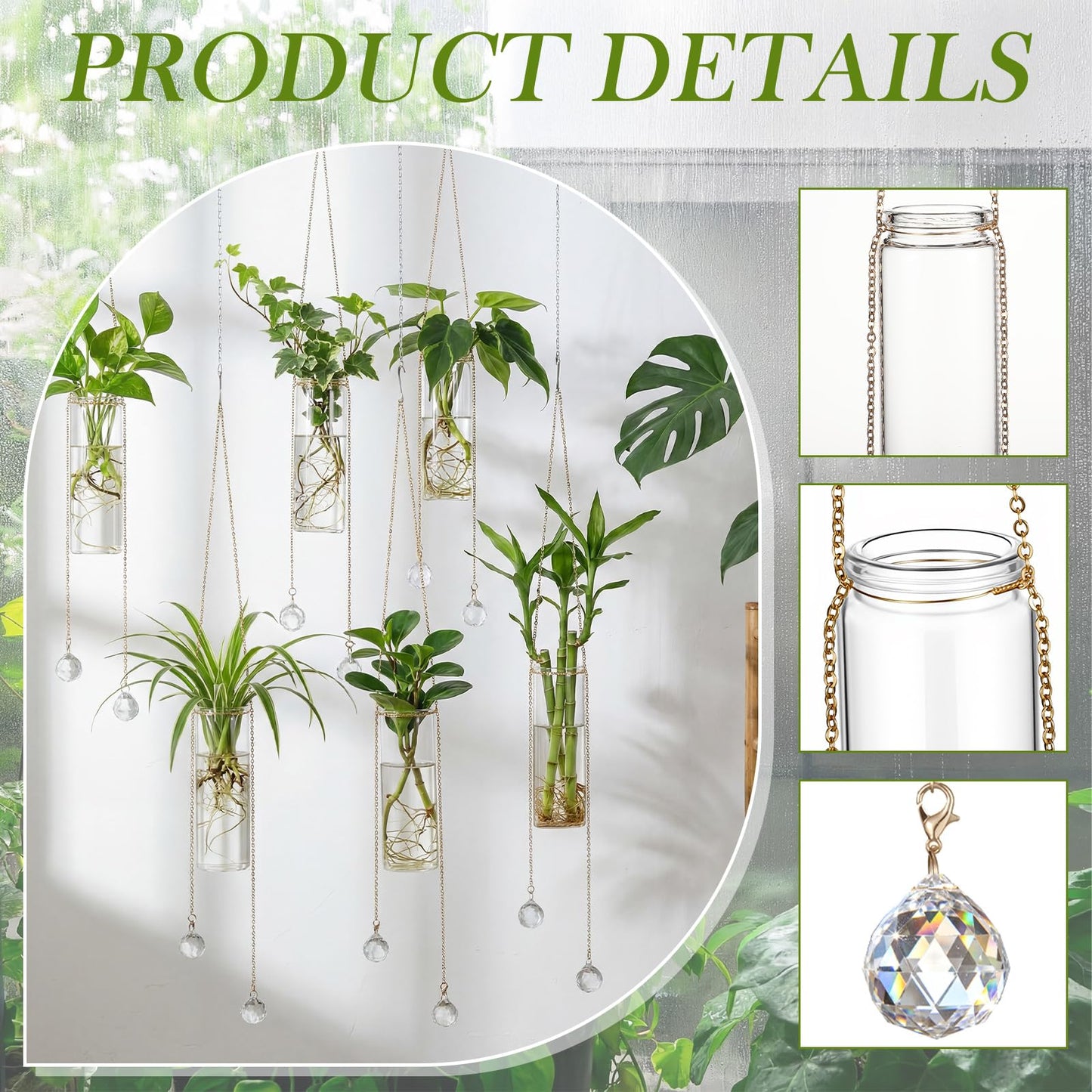 Hushee 6 Pcs Hanging Propagation Stations with Crystal Suncatcher Glass Hanging Wall Planters Indoor Plants Hydroponic Tubes for Plants Flowers Windows Home Decoration