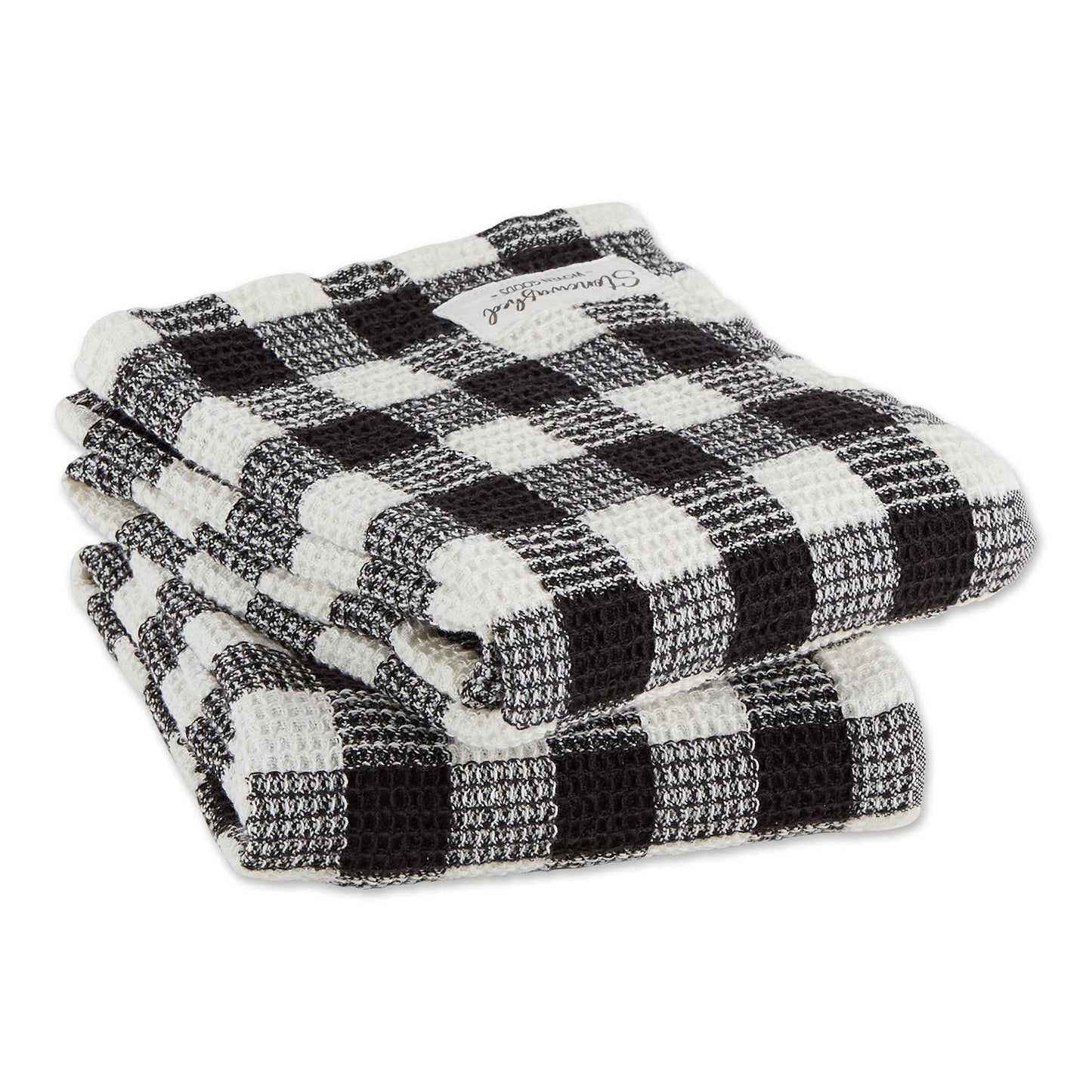 DII Washed Waffle Weave Collection, Dishtowel Set, 18x28, Black Check, 2 Piece