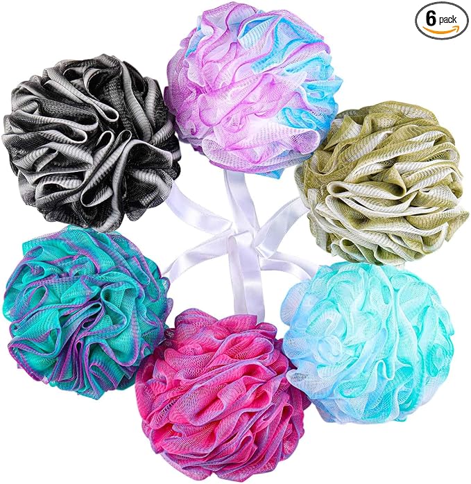 BTYMS 75g/Pc Large Loofahs Shower Sponge, Exfoliating Body Scrubber Shower Scrunchies Mesh Pouf Bath Sponges - Pack of 6