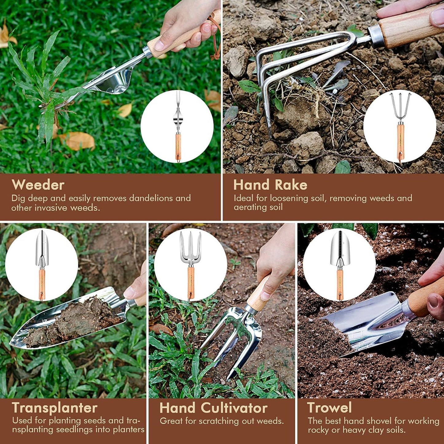 YAUNGEL Gardening Tools Set of 10 Heavy Duty Gardening Hand Tools Stainless Steel Garden Tools with Wooden Handle, Storage Garden Bag, Gardening Gifts for Women and Men