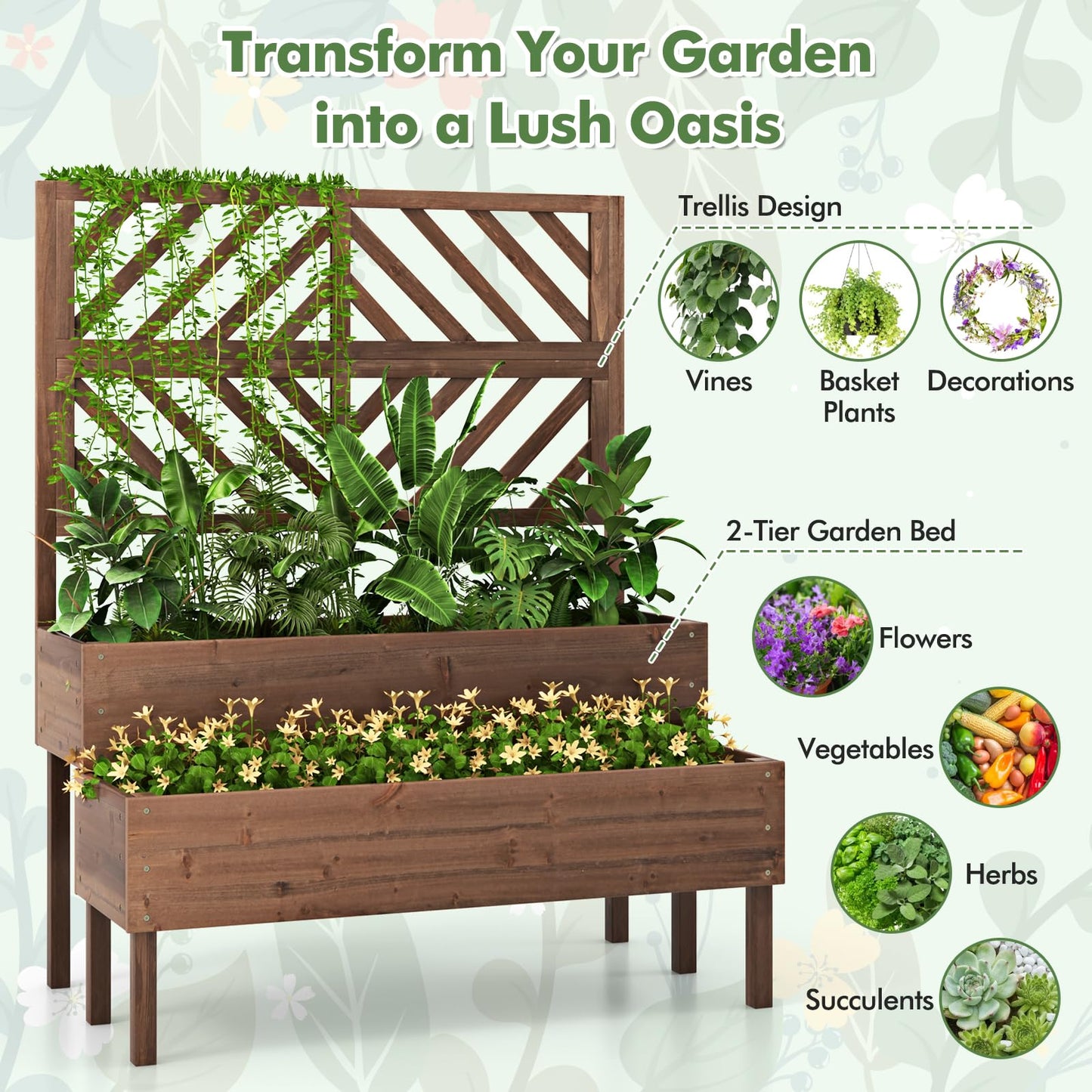 Toolsempire Raised Garden Bed with Trellis & 2 Planter Boxes, 2-Tier Outdoor Wooden Elevated Planter Box with Legs & Drainage Holes, Gardening Planters for Flowers, Herbs, Vegetables & Fruits(Brown)