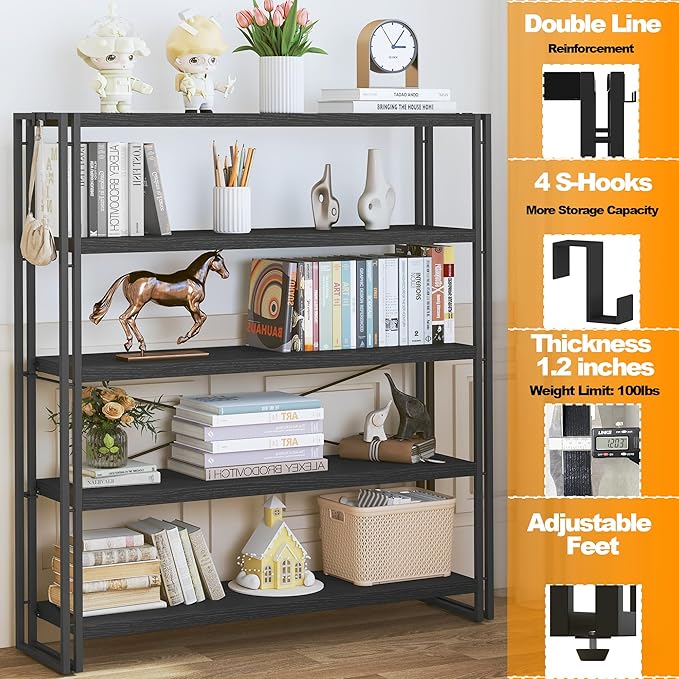 HCHQHS Bookshelf, 5-Tier Industrial Bookcase, Freestanding Tall Bookshelves