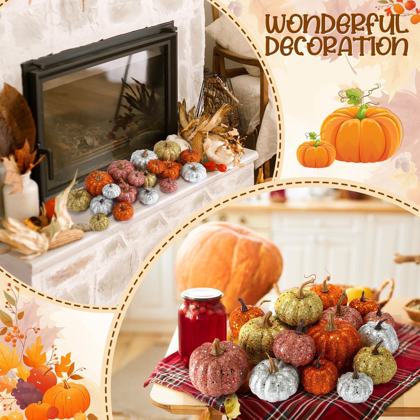 Simgoing 24 Pcs Thanksgiving Glitter Mini Pumpkin Decor Orange, Silver, Gold Small Artificial Foam Pumpkins Fall Tree Hanging Ornament Tiered Tray Decor for Autumn Thanksgiving Party Indoor Home
