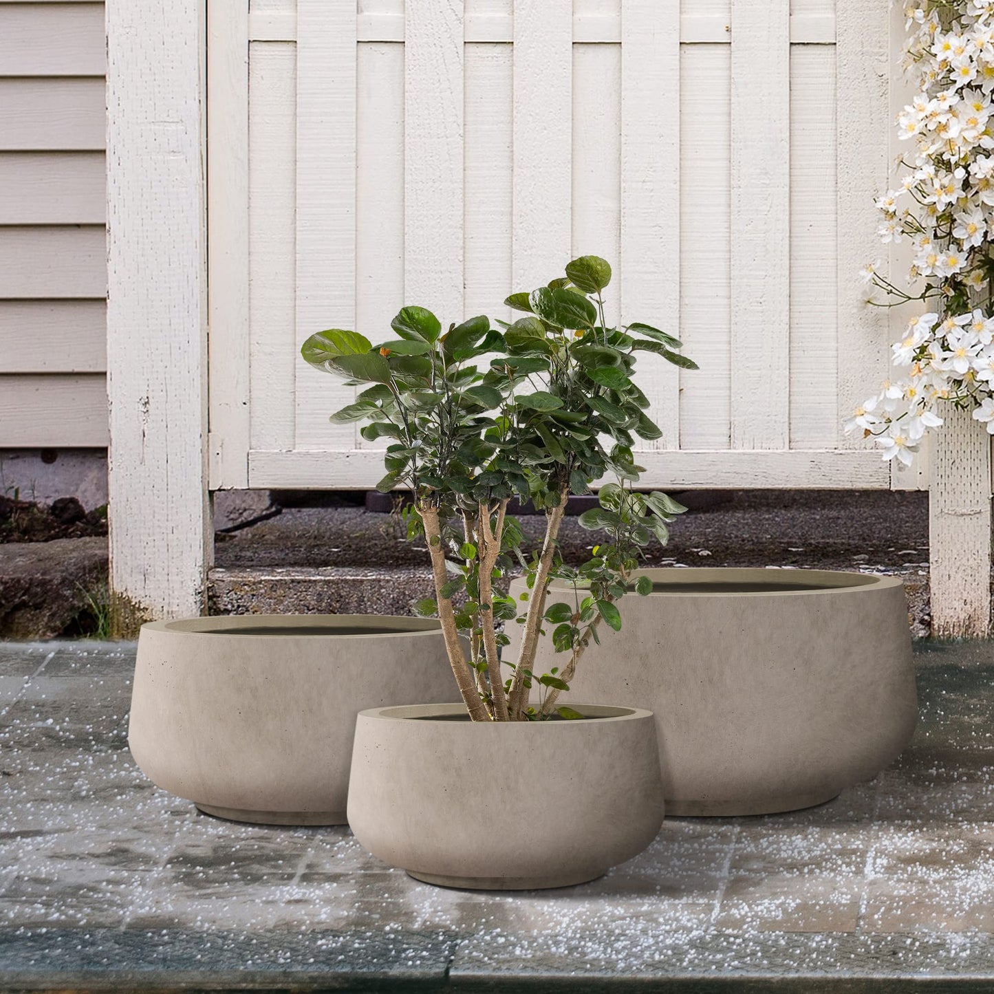 Kante 21.6",16.9",and 12.5" Dia Round Weathered Concrete Elegant Planters (Set of 3), Outdoor Indoor Garden Plant Pot with Drainage Hole and Rubber Plug for Home & Patio