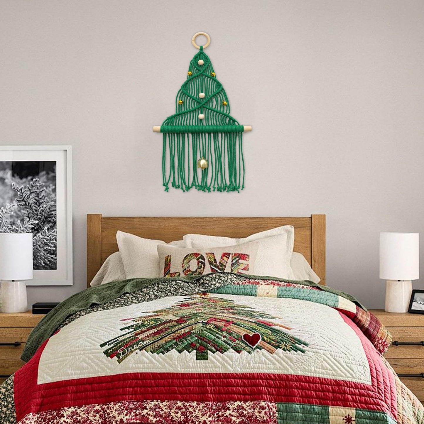 HVEST Green Macrame Christmas Tree Wall Hanging- Macrame Christmas Ornaments- Boho Xmas Gifts- Handmade Woven Tapestry for Bedroom Living Room Holiday Decorations, 16L X 10W