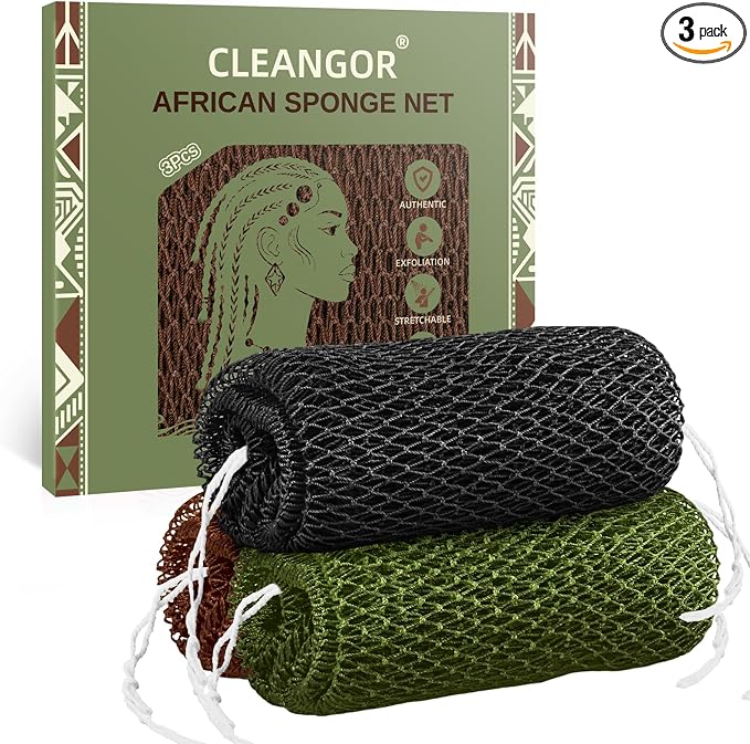Cleangor 3Pcs African Net Sponge Authentic with Knots - Exfoliating Body | Scrubber for All Skin Types, African Bath Sponge, Wash Cloth, Gentle Exfoliation Shower Rag for Women Daily Use