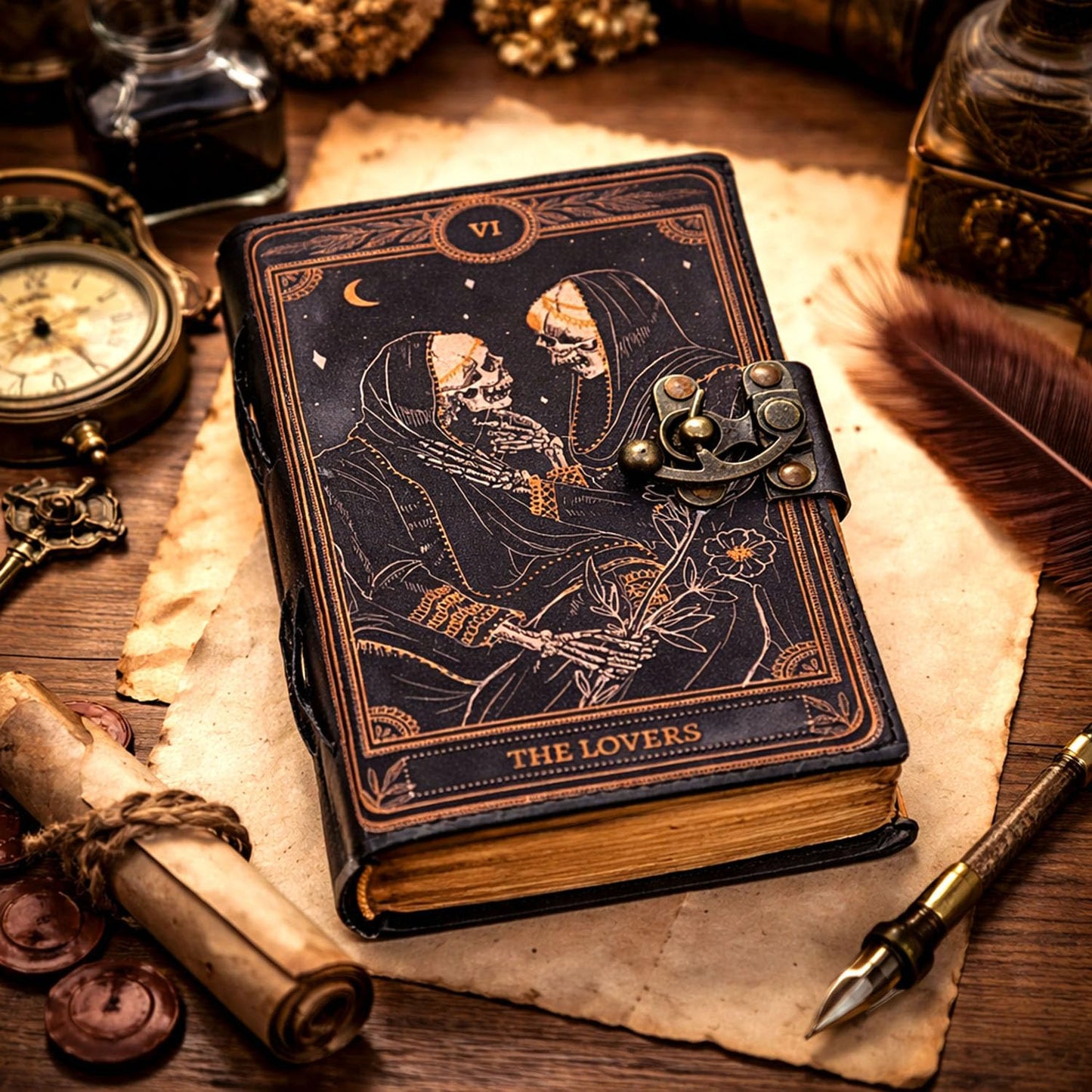 cuero Book of Spells Leather Journal Deckle Edge Paper Grimoire Printed Journal The Lovers Tarot Notebook Spiral Gothic Notebook Skull lover Antique Vintage Leather Journals for Men and Women