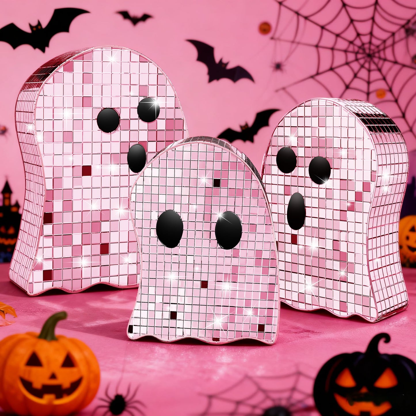 Sel Natural 3 Pcs Halloween Disco Ghost Decor,5.9" 7" 8.2" Ghost Mirror Disco Ball Indoor Glitter Spooky Ghost Sign Halloween Tiered Tray Decor Mosaic Table Centerpiece for Party Gift (Pink)
