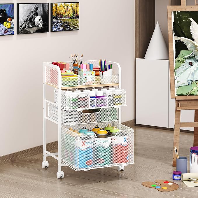 4-Tier Rolling Utility Cart with 3 Drawers-White Craft Organizers and Storage with DIY Dividers, Under Desk Cart with Lockable Wheels, Craft Cart Art Cart for Brushes Artifacts Patent Pending