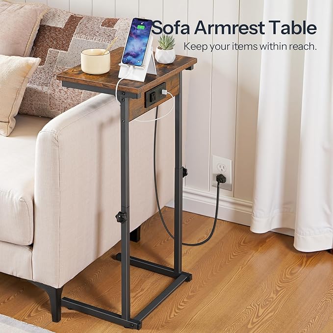 HOOBRO C-Shaped End Table with Charging Station, Adjustable Height Sofa Tray