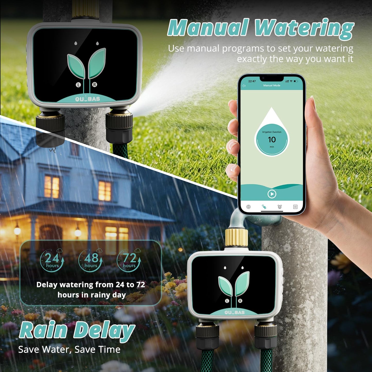 QUOBAS WiFi Water Timer for Garden Hose, 2 Zone Brass Hose Timer WiFi with App Control & Rain Delay/Auto/Manual 3 Modes for Drip Irrigation, Pool & Lawn, Battery Powered, 2.4GHz WiFi Only