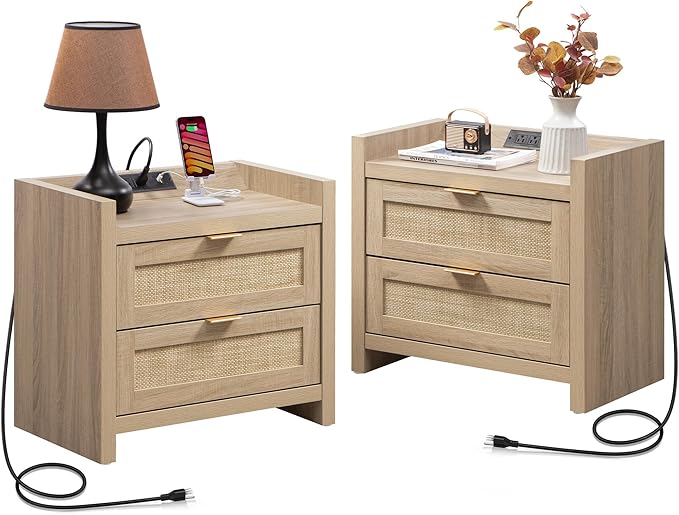 SICOTAS Rattan Nightstands Set of 2 Bedside Table