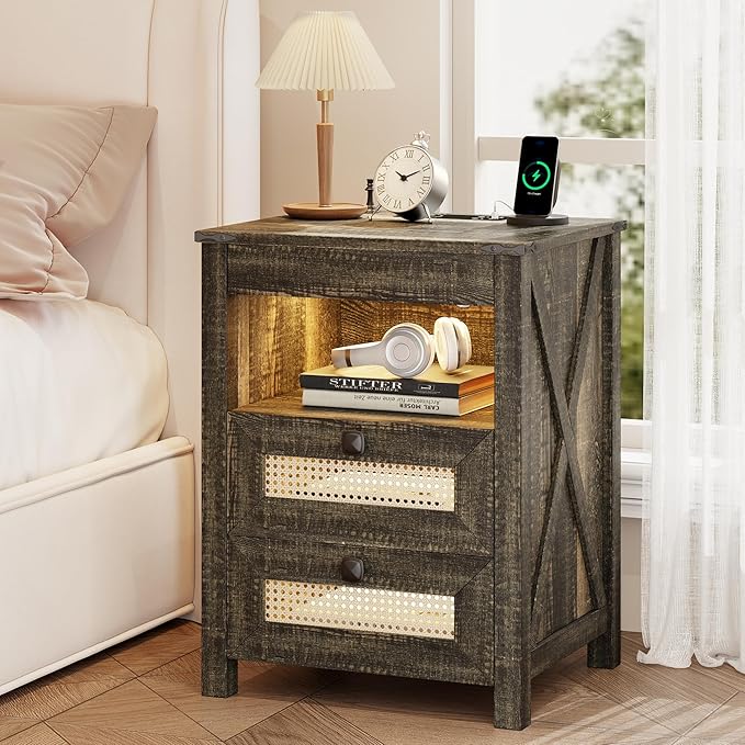 Farmhouse Night Stand with Gun Drawer, Bedside Table with Charger Station