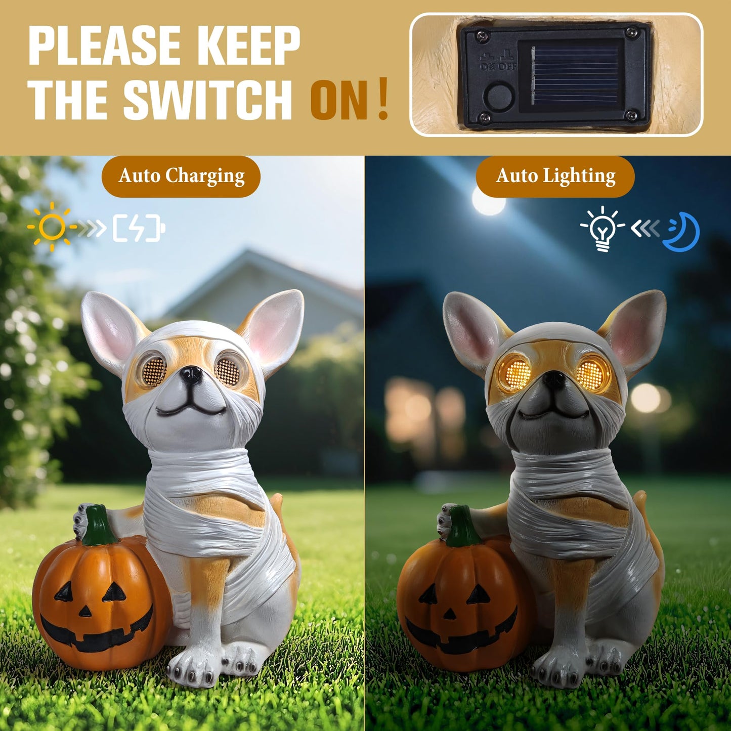 QOCNAM Halloween Decorations, Halloween Dog Statue Holding Pumpkin, with 360°Rotating Glowing Eyes and Solar Power,Outdoor Dog Statue for Front Door Porch, Yard, Lawn, Garden &Spooky Gifts