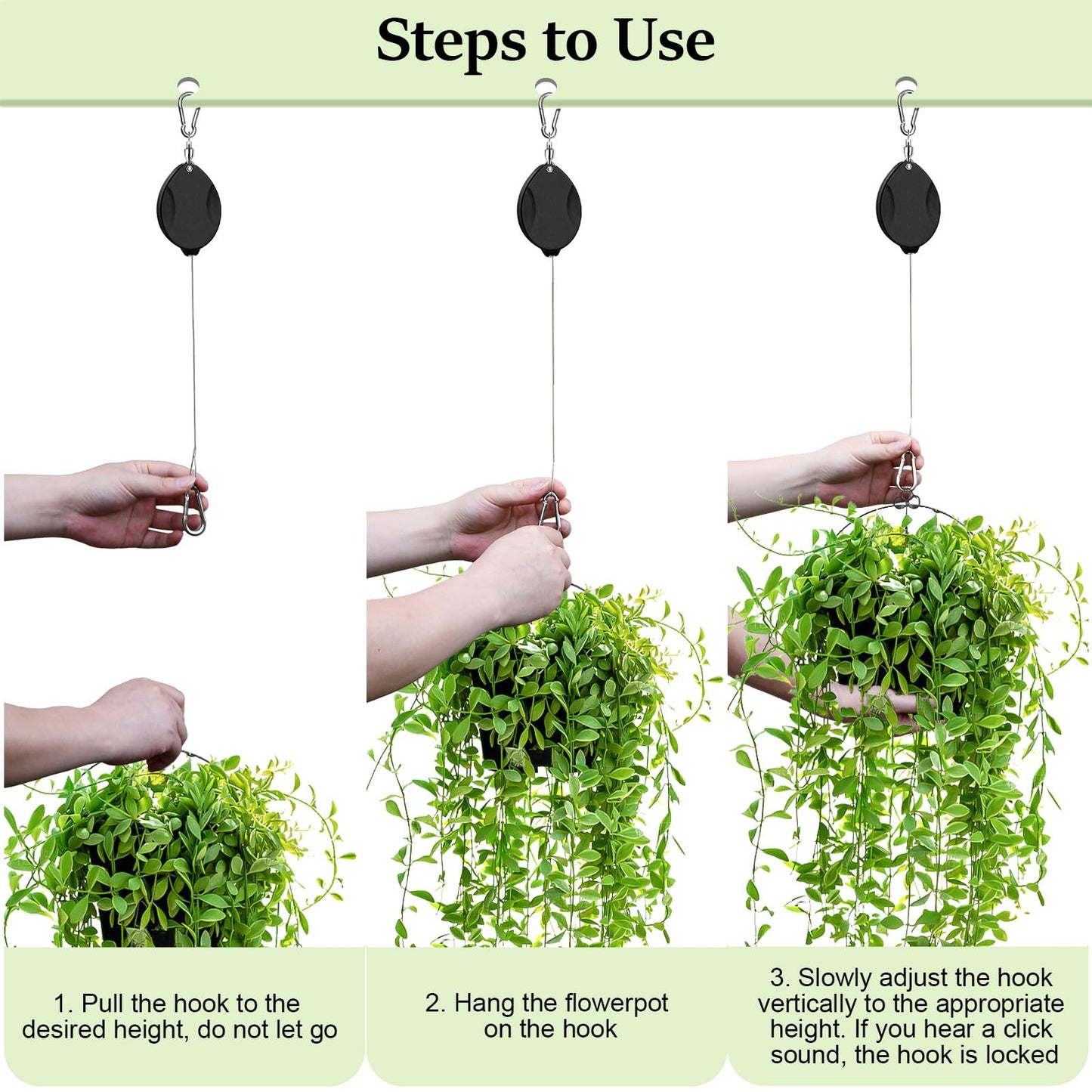 ZUZUAN 2Pcs Upgraded Heavy Duty Retractable Plant Hanger,Plant Pulleys for Hanging Plants,Easy to Raise and Lower,Auto Lock,Adjustable Hook for Garden Baskets Pots,Birds Feeder and Wind Chime,Black