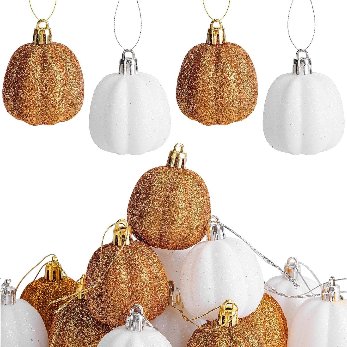 16 Pcs Fall Thanksgiving Pumpkin Hanging Ornaments- 2.2" x 1.8" Glitter Fall Pumpkin Tree Ornaments- Shatterproof Farmhouse Rustic Hanging Pumpkins Decoration for Autumn Thanksgiving Xmas Home Decor