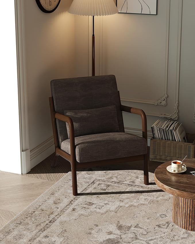 Garvee Mid-Century Modern Accent Chair, Chenille Upholstery, Solid Wood Armchair