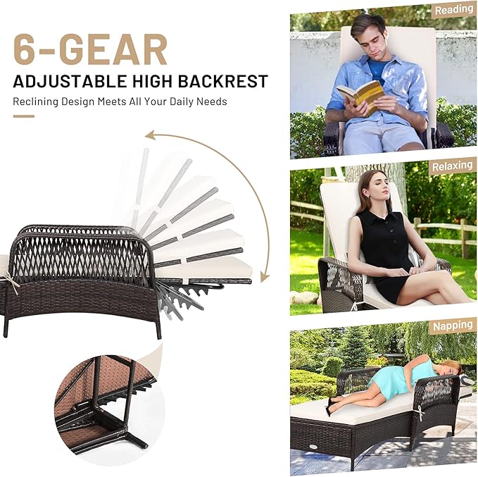 COSTWAY PE Rattan Chaise Lounge Chair, 6 Gear Adjustable Recliner