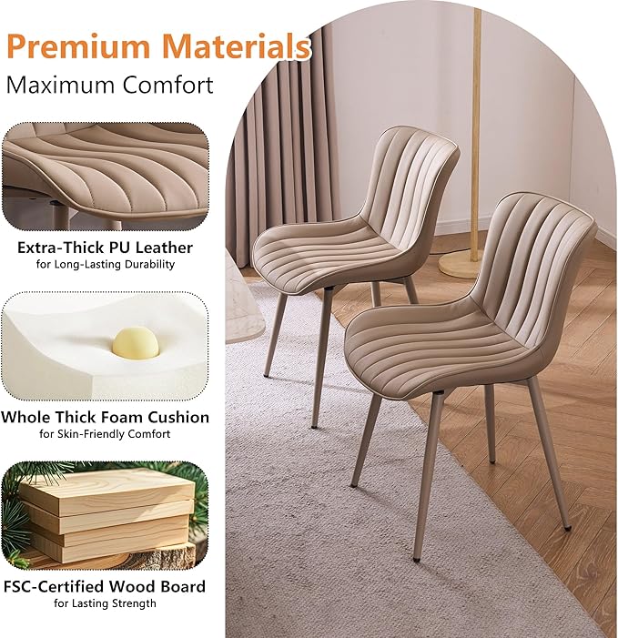 YOUNUOKE Mid-Century Modern Dining Chairs Set of 2, Khaki PU Leather