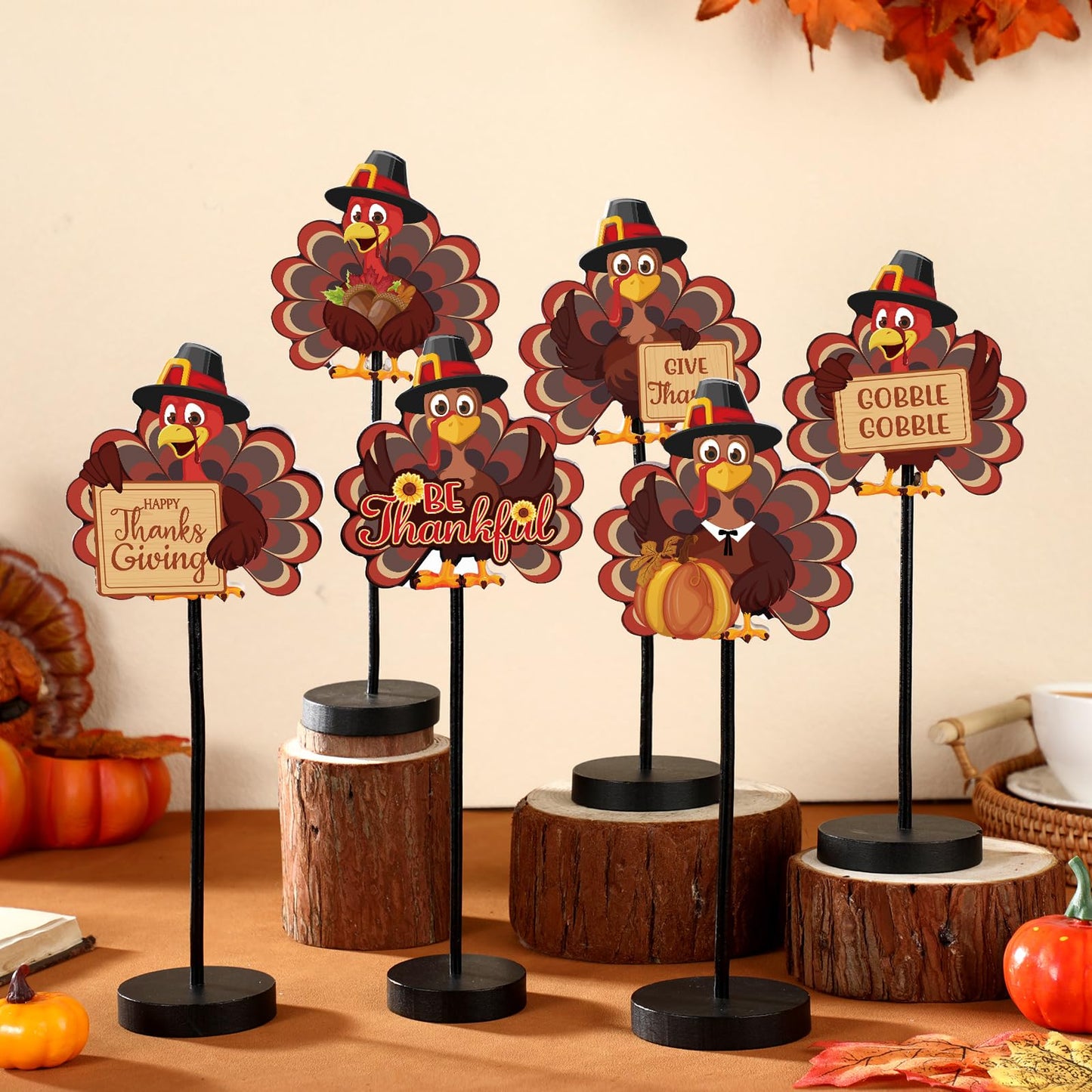 Wenqik 6 Pcs Thanksgiving Tabletop Decor Turkey Table Centerpiece Thanksgiving Table Party Decorations Standing Turkey Sign Wooden Block Fall Shelf Tiered Tray Decor Pumpkin Maple Leaf for Home