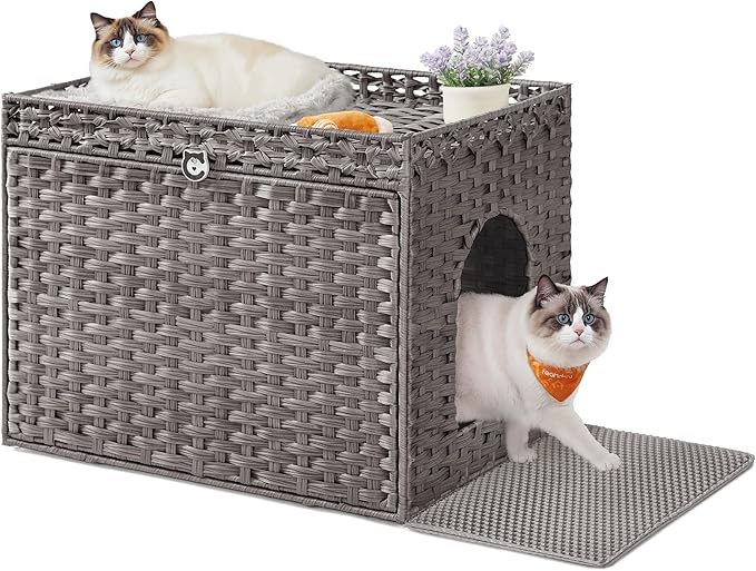 Feandrea Cat Litter Box Enclosure, Handwoven Rattan Hidden Litter Box Furniture
