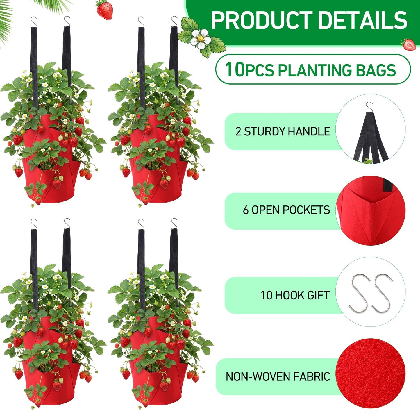 SATINIOR 10 Pack Upside Down Strawberry Planter Set Hanging Vegetables Grow Bags with 10 S Hooks, 3 Gallon Fabric Planting Bags for Easy Vertical Gardening(Red)