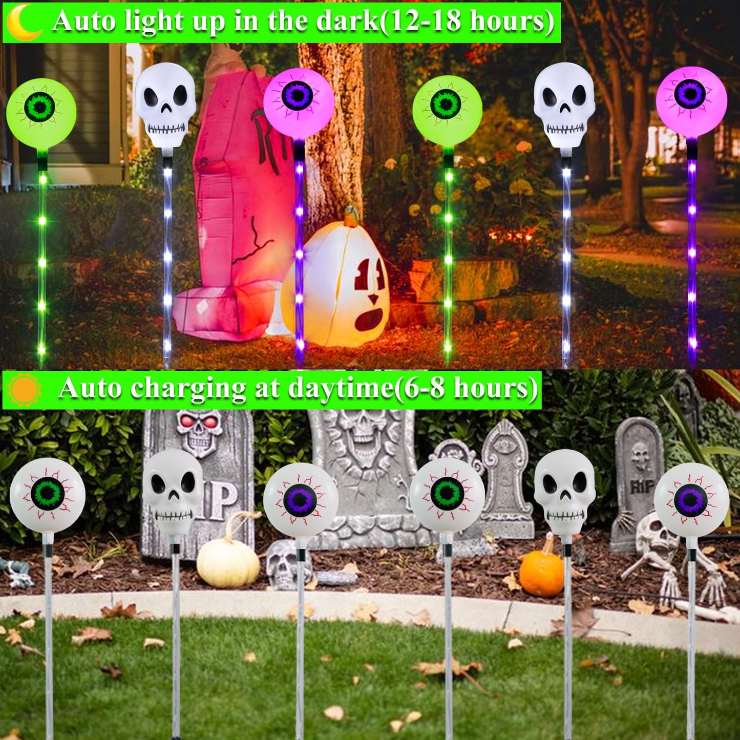 Mankinlu Halloween Decorations Outdoor Solar Garden Lights,6 Pack Scary Eyeball Skull Outside Decor,8 Modes Solar Halloween Lights for House Grave Patio Yard Lawn Pathway Halloween Party Ghost Decor