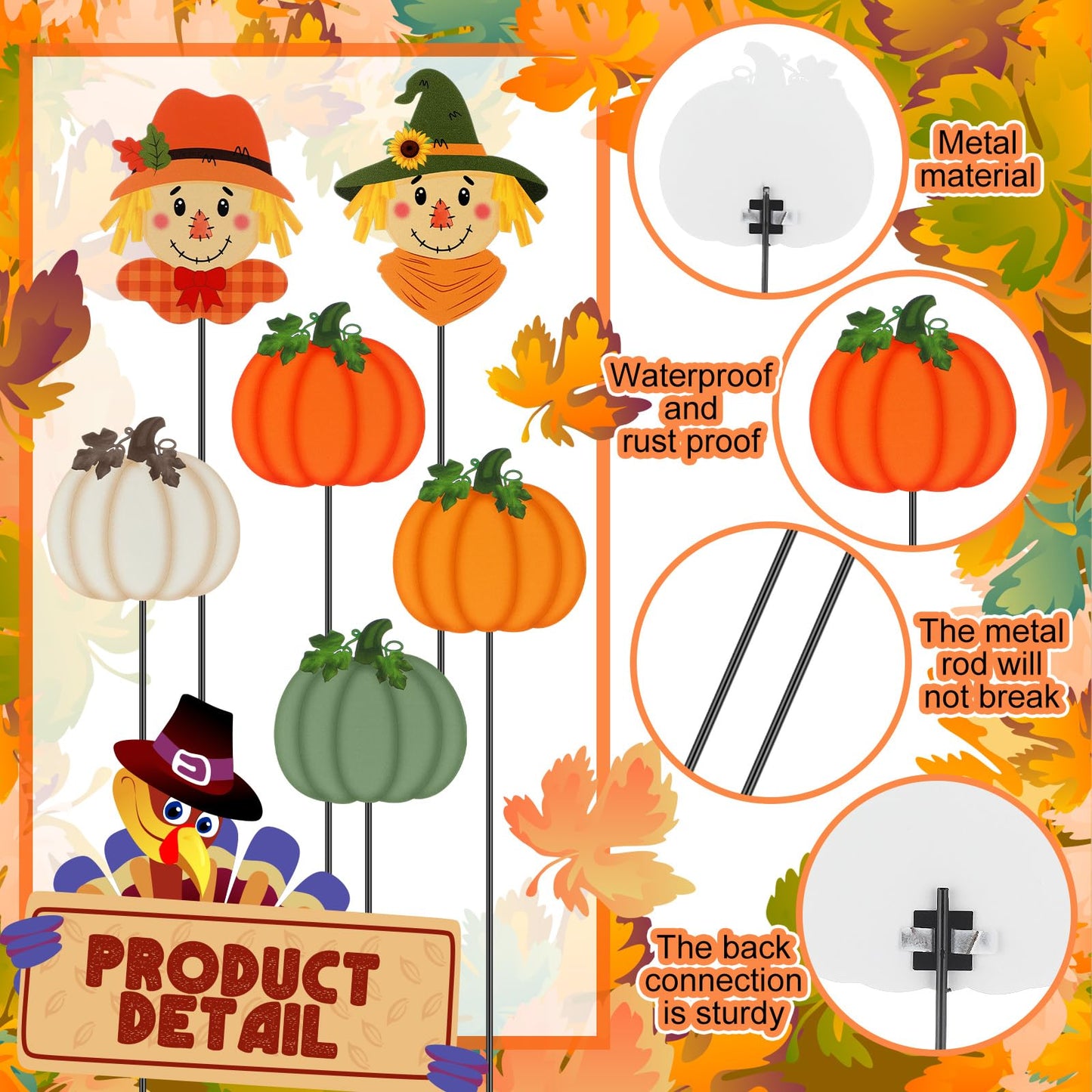 Anglechic 6 Pcs 12'' Fall Outdoor Decor Garden Stakes Pumpkin Scarecrow Maple Leaves Fall Metal Yard Sign Autumn Yard Stakes Outdoor Thanksgiving Decorations for Planter Lawn Patio Walkway Porch