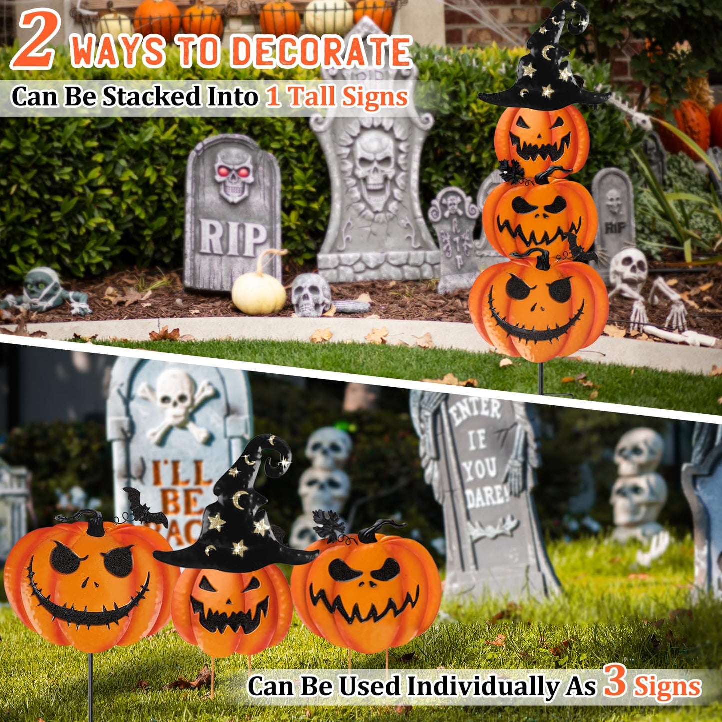 Halloween Garden Stakes, Stacked Metal Pumpkins Jack-o-Lantern Lawn Decor with Witch Hat, Shimmering Halloween Yard Signs Stake Decorative Pumpkin Stake for Outdoor Patio Pathway Home Decorations (A)
