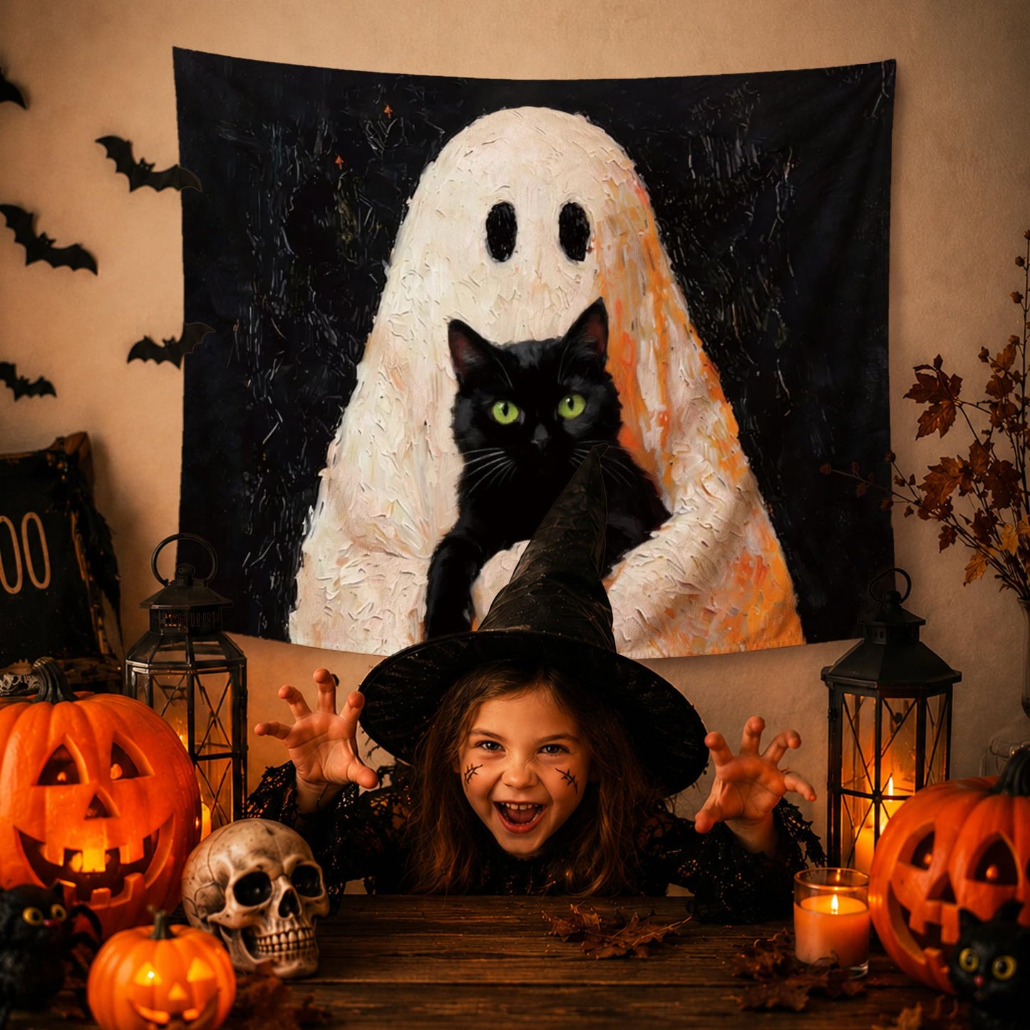 YTRG Spook Ghost Black Cat Tapestry, Halloween Tapestries Wall Hanging for Bedroom, Cat Ghost Tapestry Wall Decor Backdrop for Living Room Home, Black Cats Gifts for Women Girls Men, 50x60 Inch