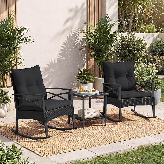 Tangkula 3 Pieces Outdoor Rocking Chairs Set, Rattan Heavy Duty Cushioned