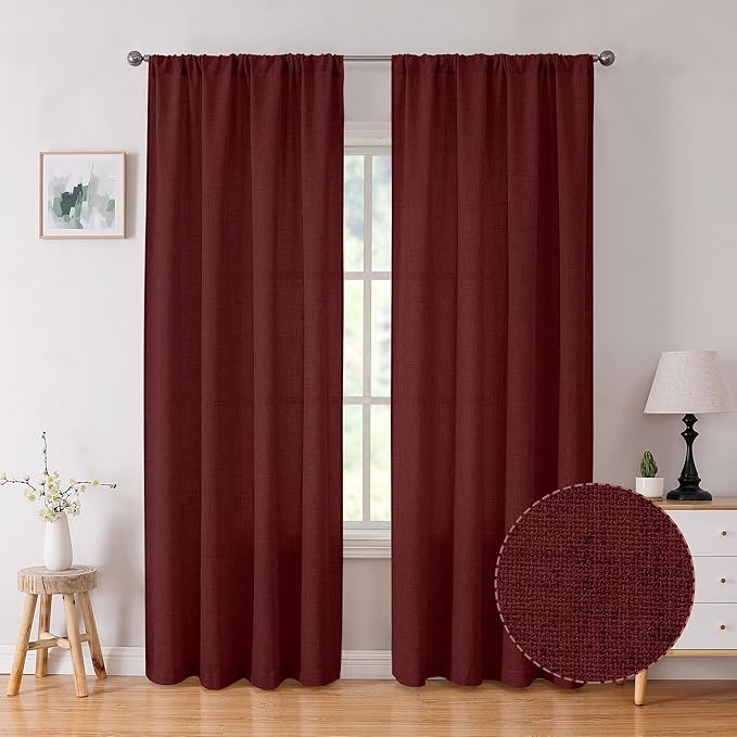 Tollpiz Linen Curtains Bedroom Rod Pocket Semi Sheer Curtain Burlap Light Filtering Thick Linen Drapes for Living Room, 54 x 84 inches Long, Burgundy Red, Set of 2 Panels
