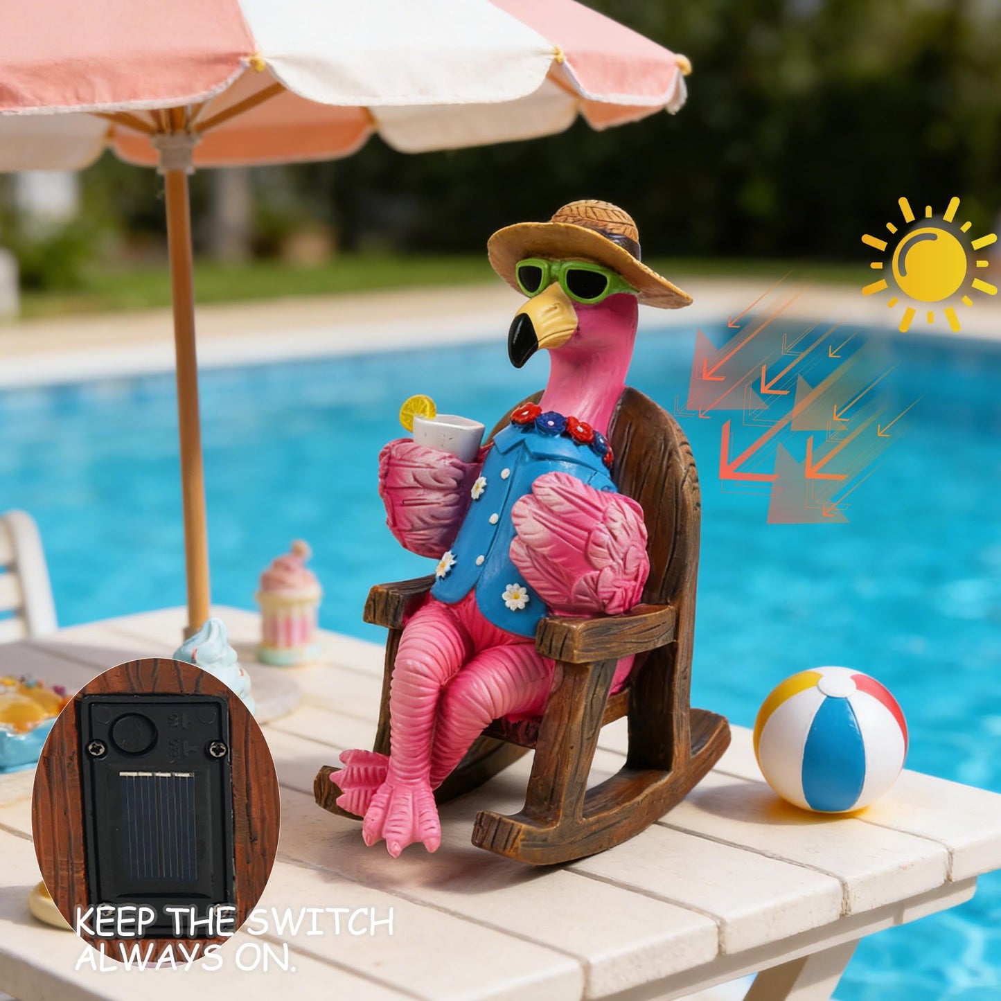 LIULO TOOL Solar Flamingo Figurines Garden Decor, Light Up Resin Flamingo Sitting on Chair Statue, Waterproof Outdoor Patio Sculpture, Cute Solar Powered Yard Decoration for Lawn Home Gift