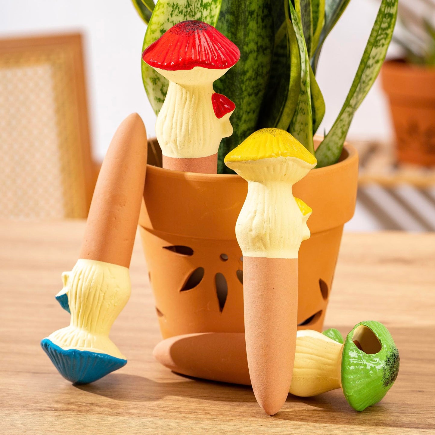 LumDecor 4 Pack Watering Globes - Terra Cotta Watering Spikes for Indoor Plants, Handcrafted Mushroom Shape Self Watering Devices with Slow Release System, Plant Water Bulbs for Vacation & Outdoor Pot