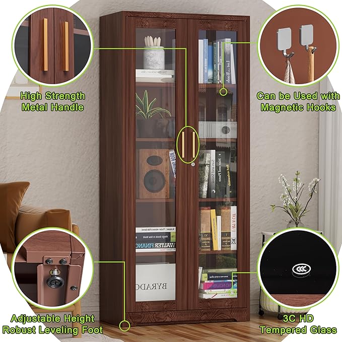 UNICOLY Display Cabinet with Glass Doors, Curio Cabinets with Locking Doors