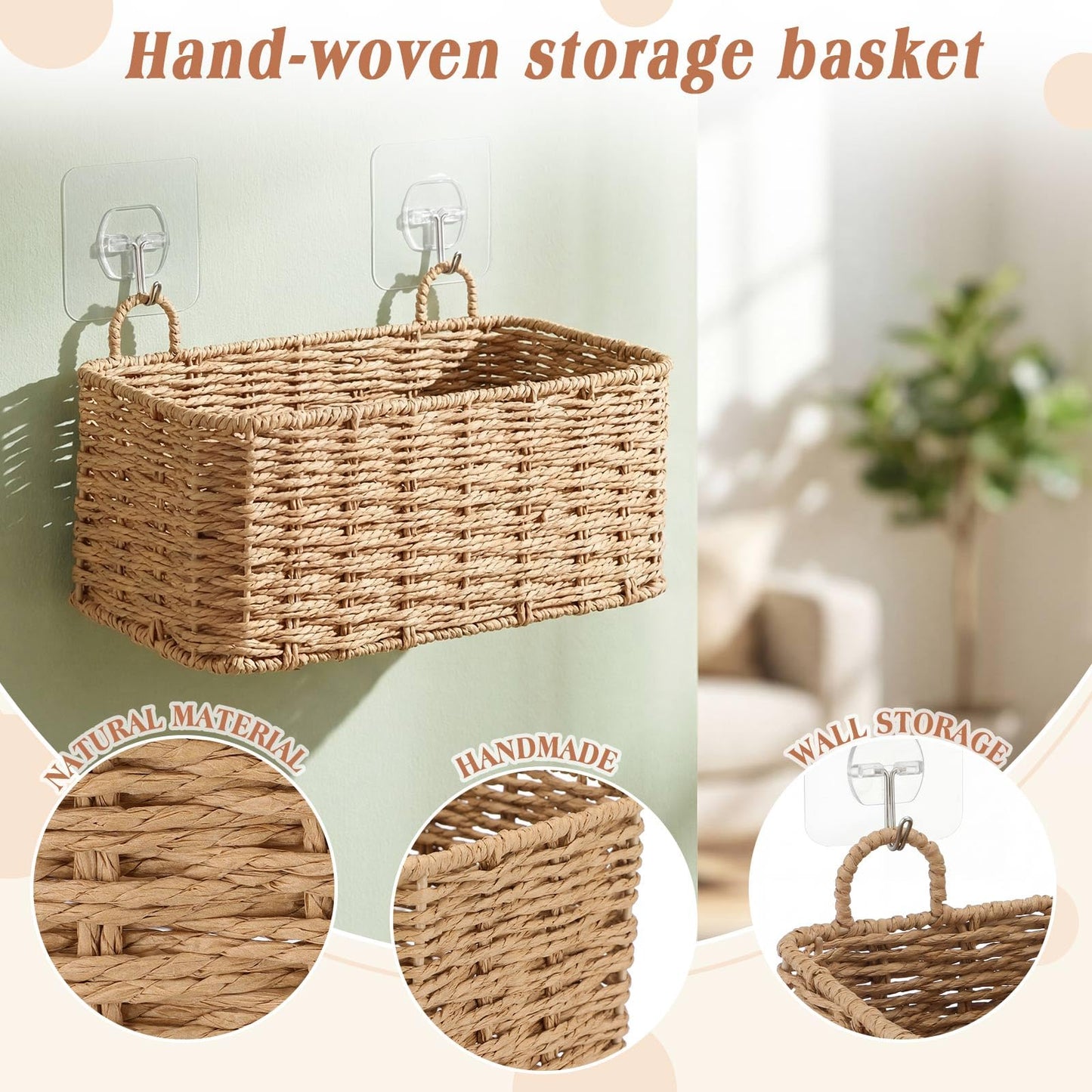 Ferrochef 3 Piece Wall Hanging Baskets for Organizing Paper Rope Woven Baskets Sets Boho Style Storage Bins for Fruits Vegetable Kitchen Storage Farmhouse Wall Decor Housewarming Gifts