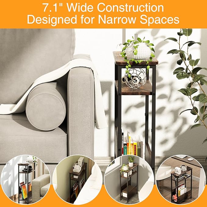 THUMEYE 7.1" Narrow Side Table for Small Spaces, 3 Tier Small End Table