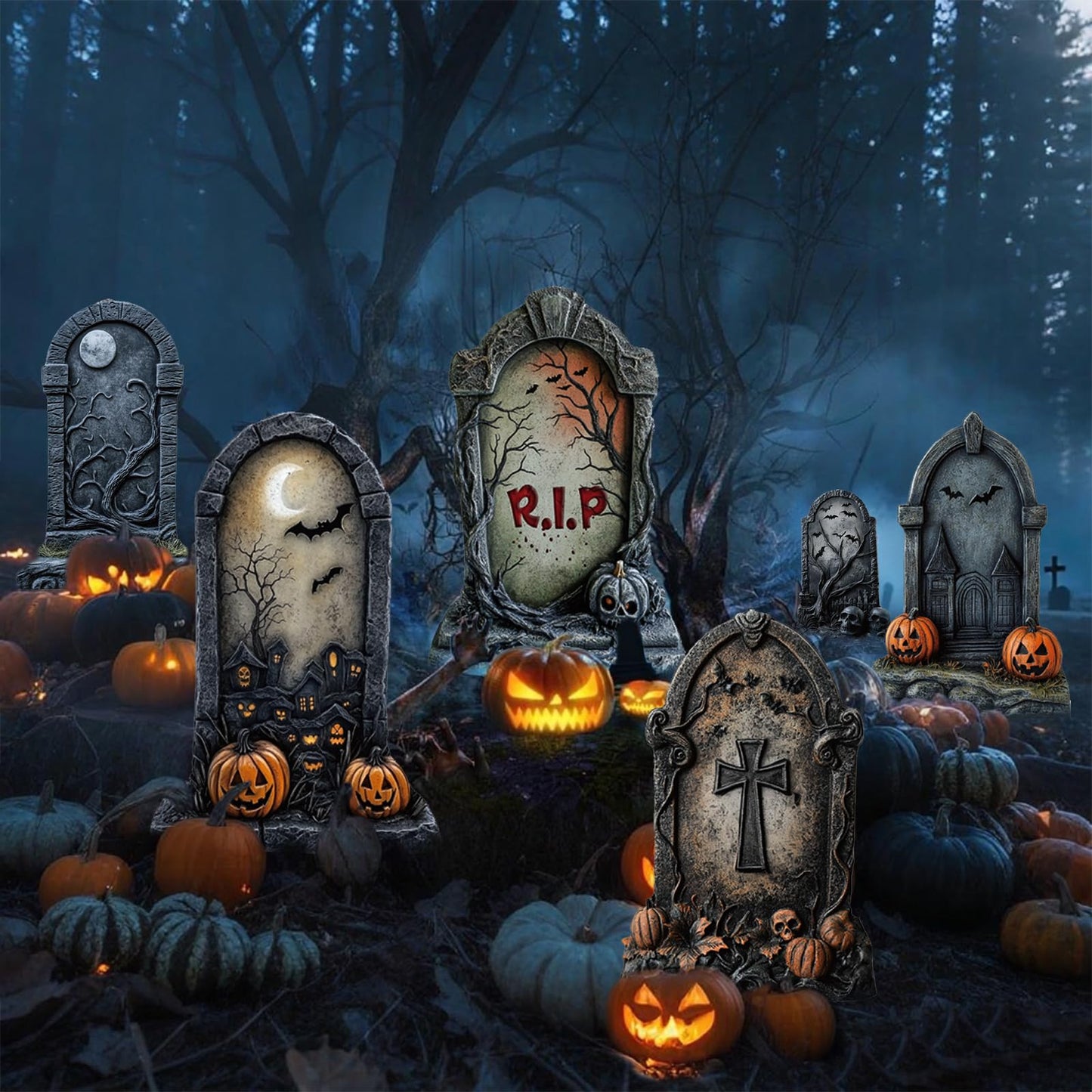ORNALES 6 Pieces Halloween Tombstone Yard Signs, Waterproof Tombstone Halloween Yard Decorations with Stakes, Ghost Skull Pumpkin Graveyard Design for Outdoor Yard, Garden Lawn, Holiday Party