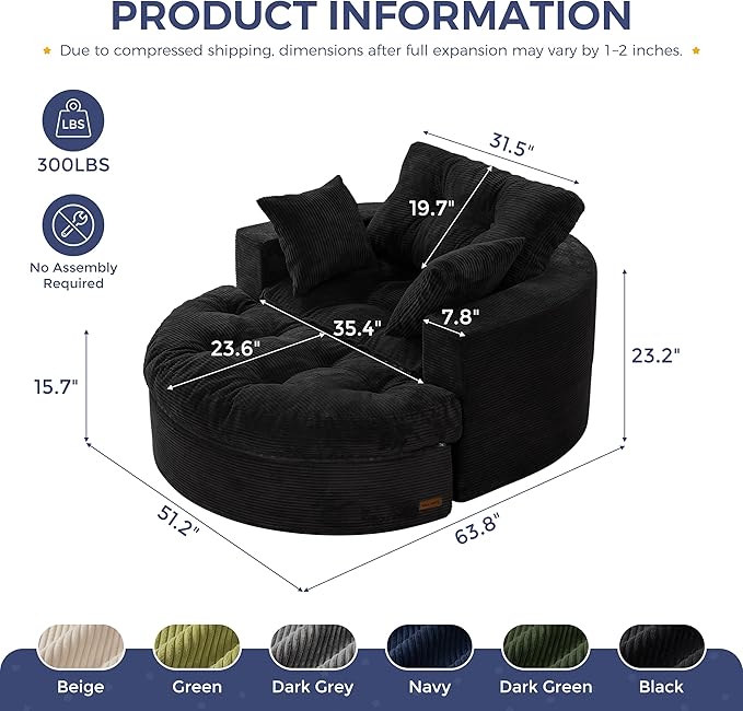 MAXYOYO Oversized Round Chaise Lounge Sofa, Upholstered Lounge Chair