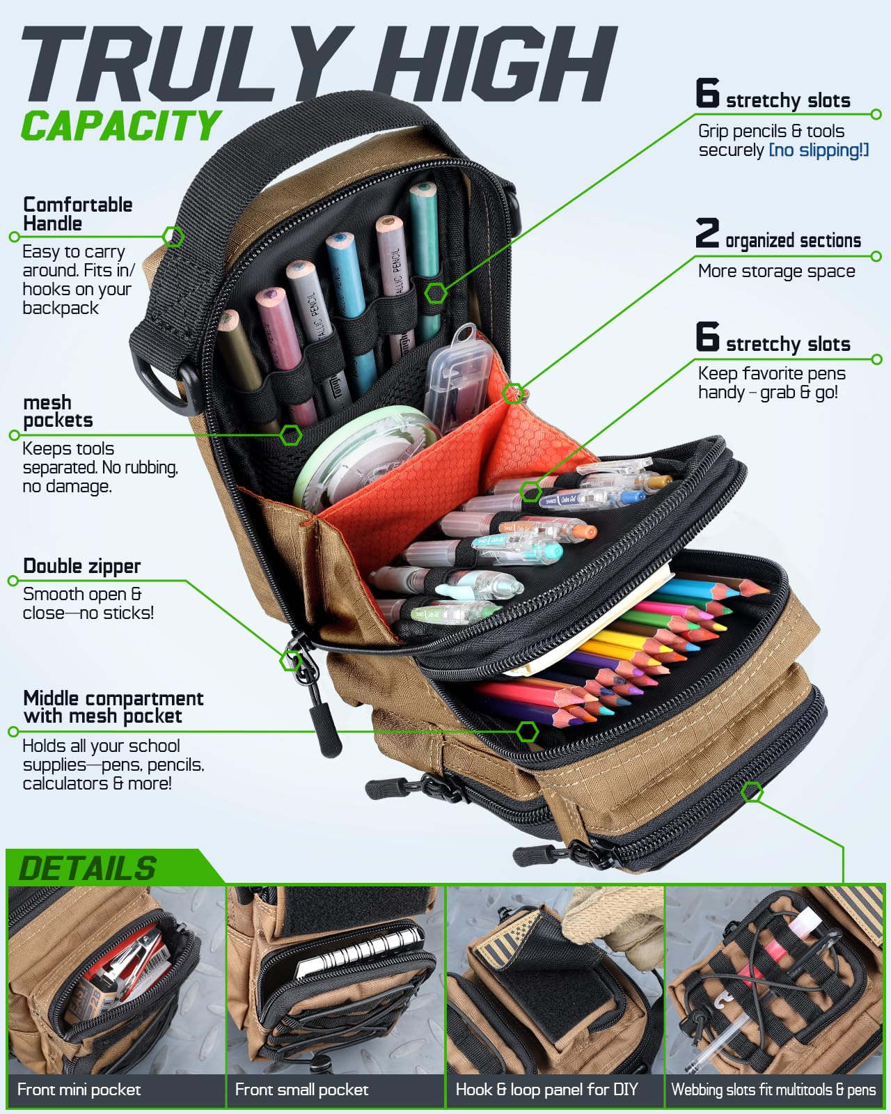 RXW Large Capacity Pencil Pouch for Boys, Tactical EDC Zippered Pencil Bag, Small Tool Pouch for Adults (includes US Flag Patch + 2 MOLLE Straps) (Coyote Brown)