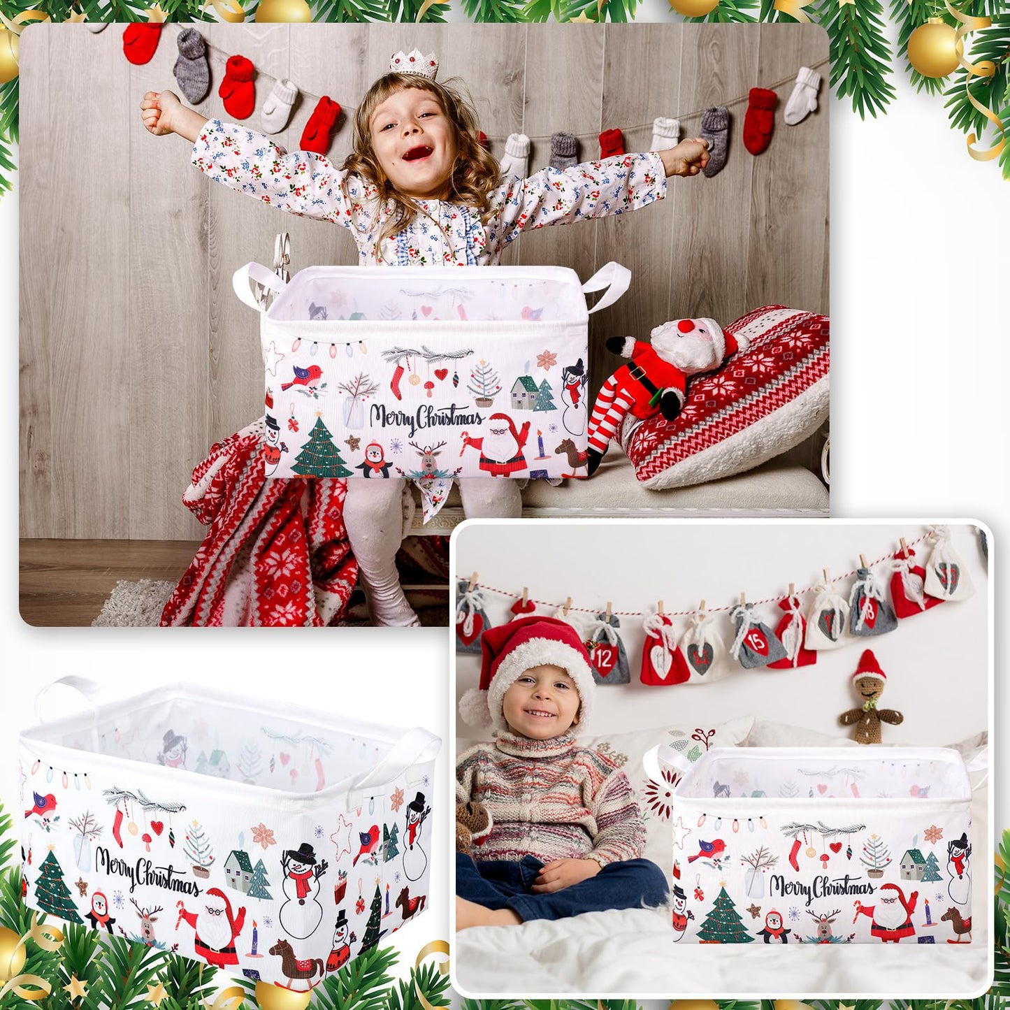 Weysat Extra Large Christmas Storage Baskets for Gifts Empty 16.5 x 12.6 x 9.8 Inch Merry Christmas Santa Storage Bin Collapsible Foldable Large Boxes with Handles Laundry Organizer for Home Bedroom
