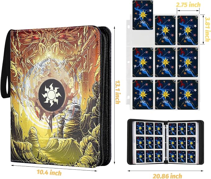 720 Pockets Round Ring Trading Card Binder, 9-Pocket Clear Zipper Card Album with Wrist Strap, Holds 720 Standard TCG Cards Compatible with Sports Baseball Football Game Cards (Yellow Print)