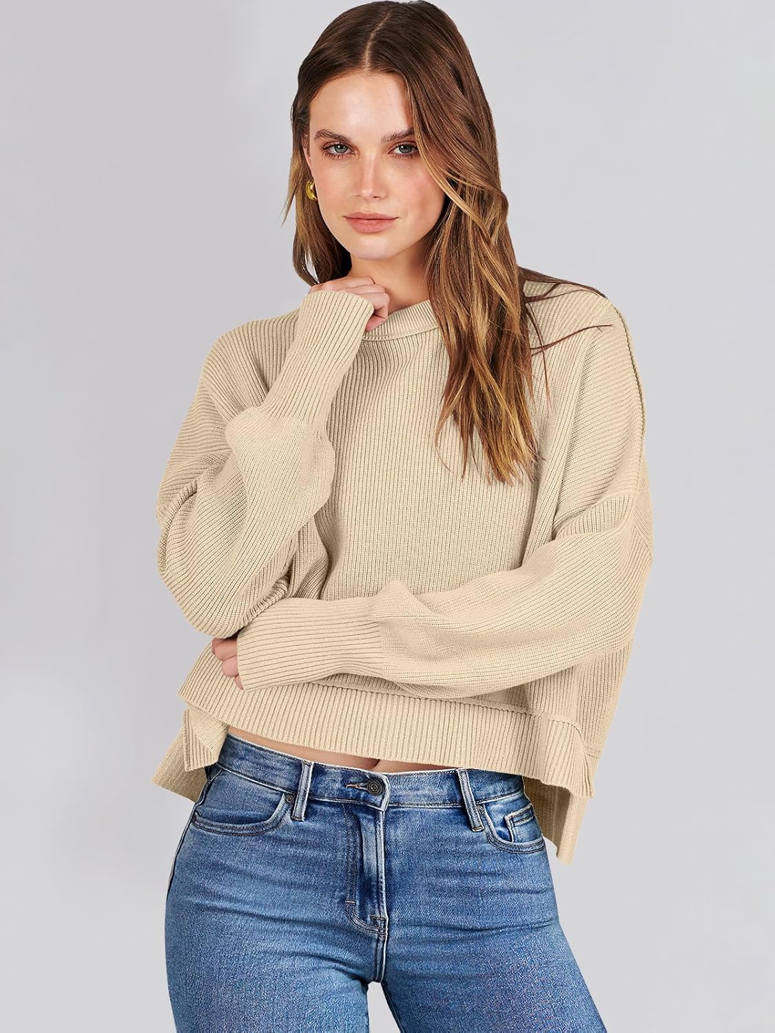 ANRABESS Womens Cropped Sweaters Oversized Crewneck Long Batwing Sleeve Side Slit Ribbed Knit Pullover Tops 2025 Fall Clothes