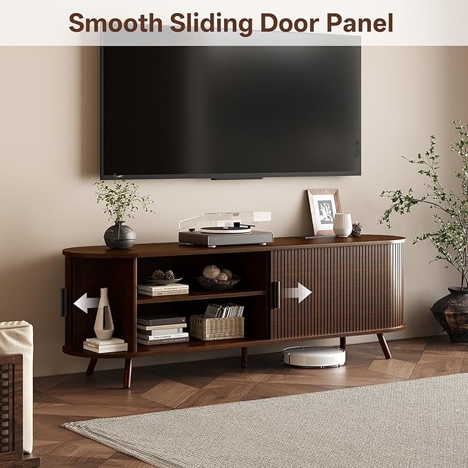 63 inch TV Stand with Power Outlet, Fluted Entertainment Center